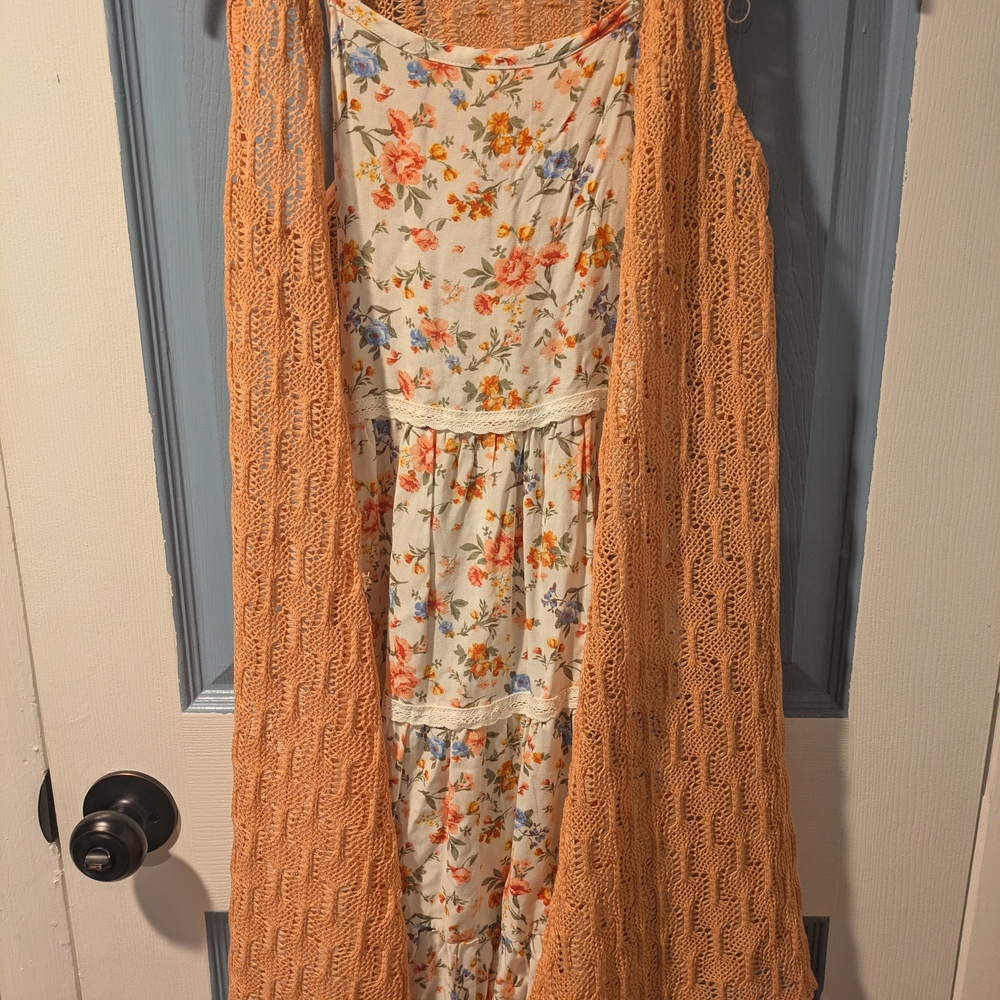 Floral Dress with Orange Crochet Overlay